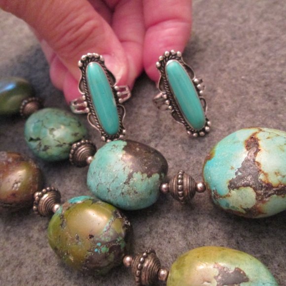 Native American 925 Sterling & Turquoise Elongated Oval Ring, Turquoise Ring - Picture 7 of 13